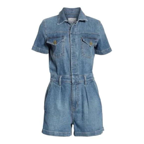 FRAME Denim Jean Romper Short Sleeve Belted Blue Jumpsuit Pleated Front Pockets - Picture 1 of 8